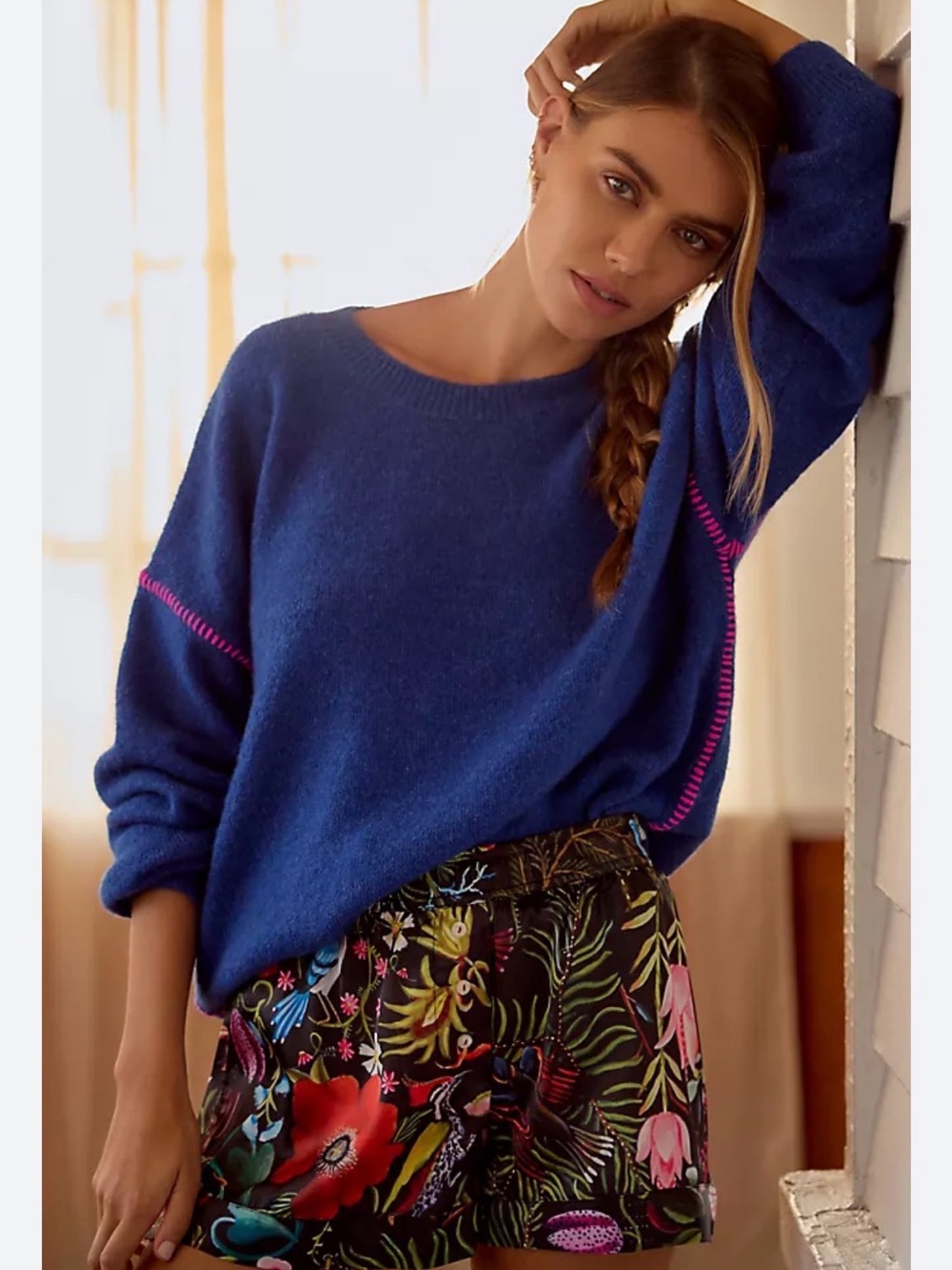 SUNDRY Oversized Knit Sweater Blue Sapphire Pink Cerise Pullover Wool Blend Sz 1